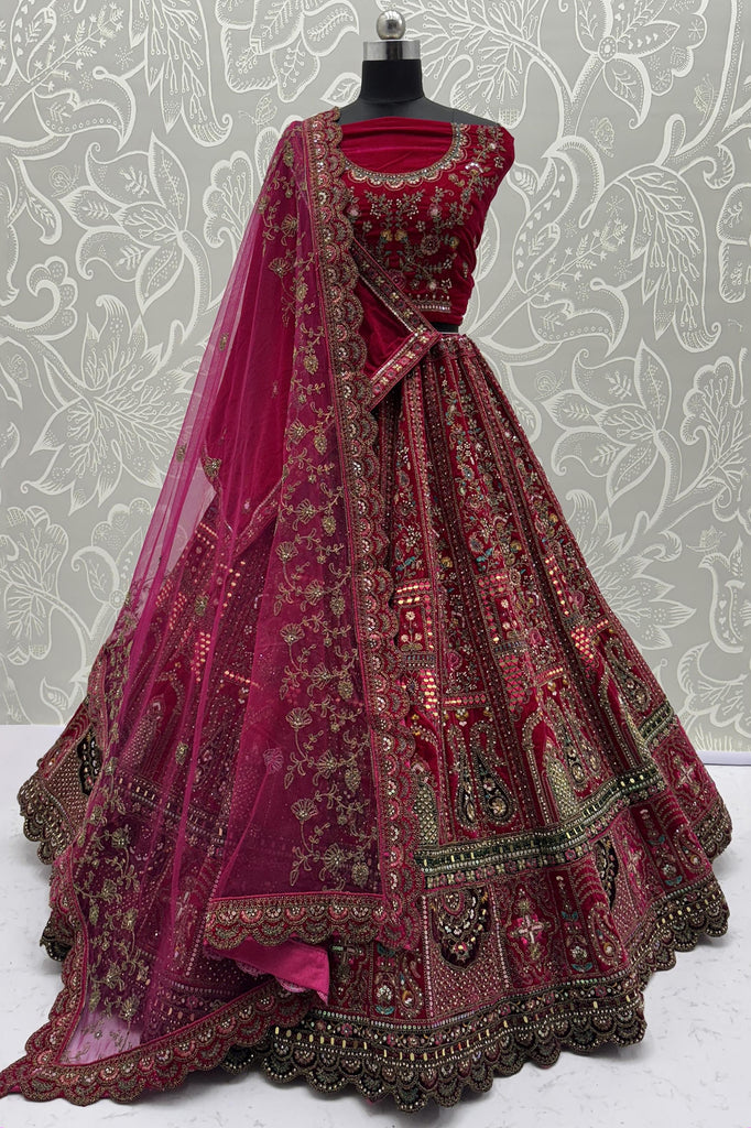 Pretty Pink Dori Work Velvet Bridal Lehenga Choli With Double Dupatta