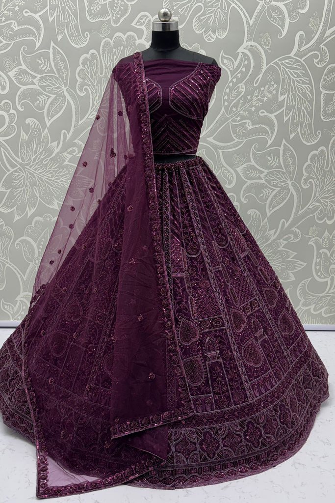 Beautiful Purple Sequins Net Bridesmaid Lehenga Choli With Dupatta