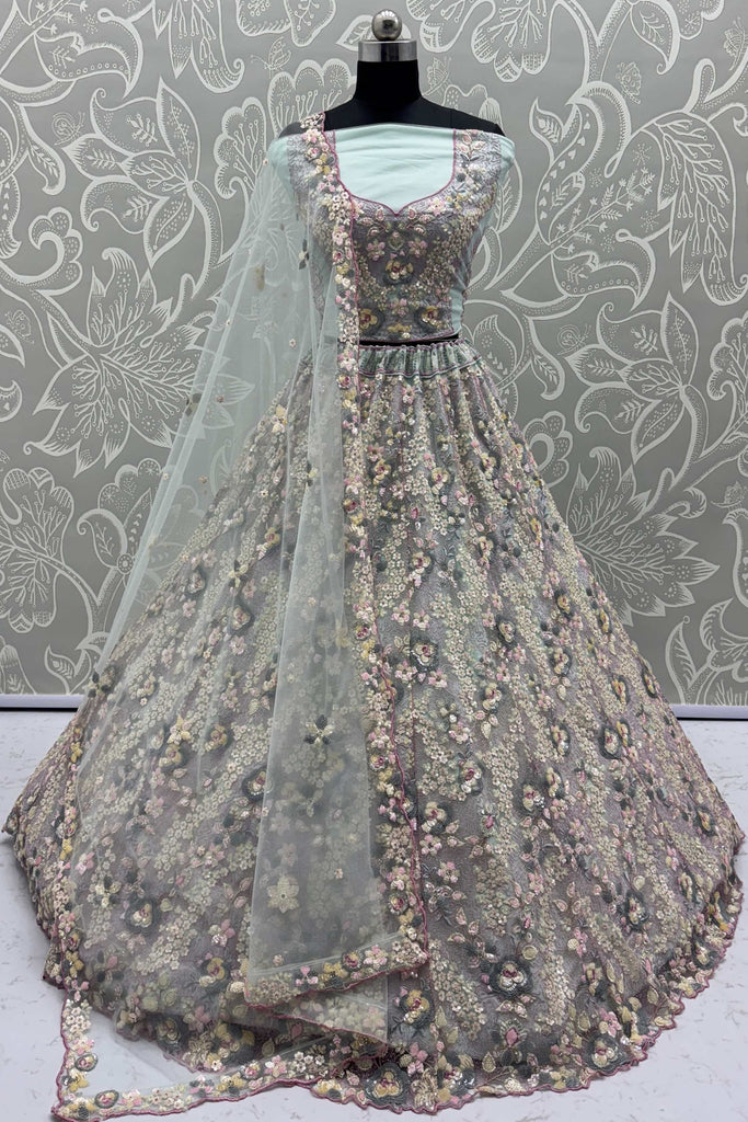 Glamorous Pista Green Sequins Net Reception Wear Lehenga Choli With Dupatta