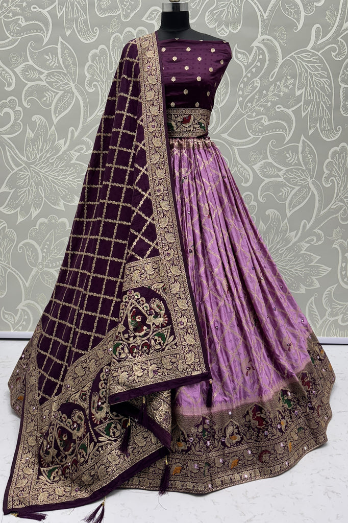 Glorious Purple Zari Weaving Georgette Wedding Lehenga Choli With Dupatta
