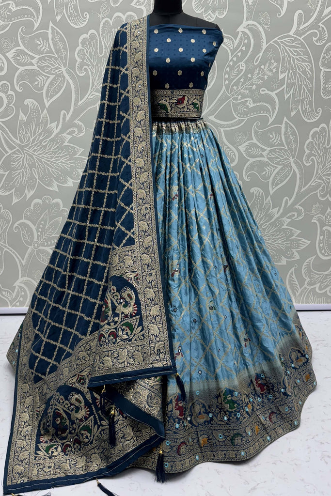 Wonderful Sky-Blue Zari Weaving Georgette Lehenga Choli With Dupatta