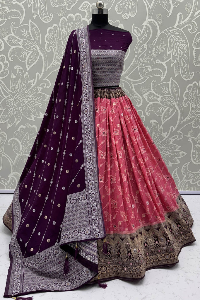 Astonishing Pink Zari Weaving Georgette Wedding Wear Lehenga Choli