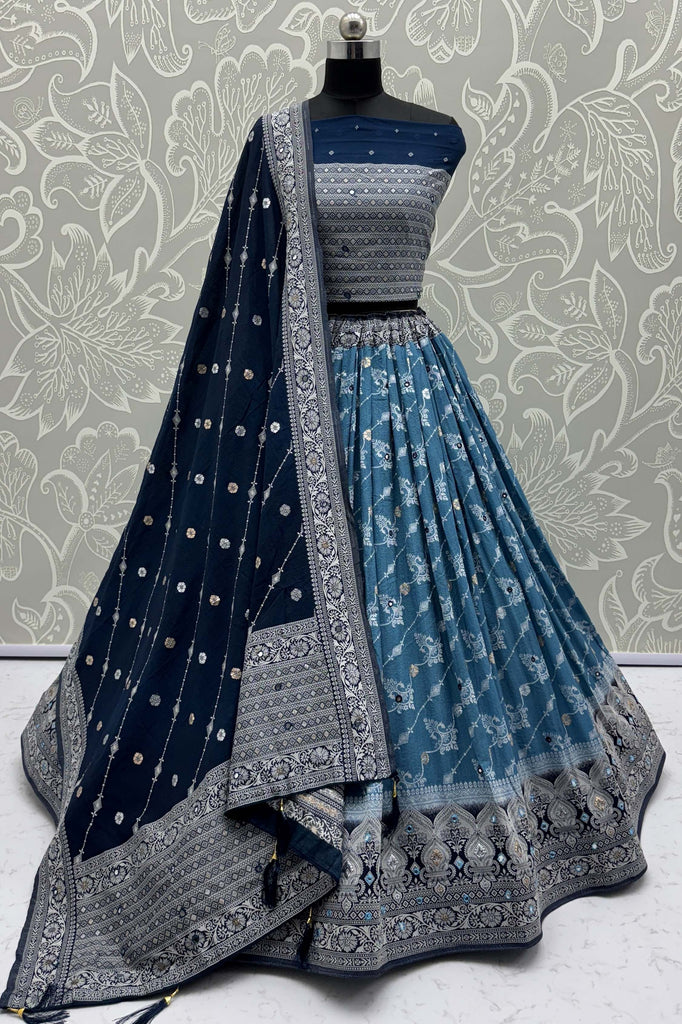 Awesome Sky Blue Zari Weaving Georgette Lehenga Choli With Dupatta