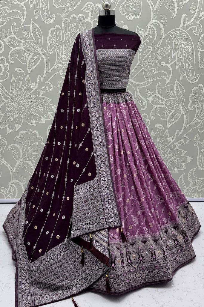 Impressive Purple Mirror Work Lehenga Choli With Banarasi Silk Dupatta