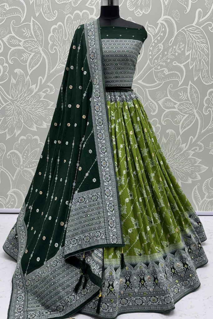 Glamorous Olive Green Zari Weaving Georgette Wedding Lehenga Choli With Dupatta