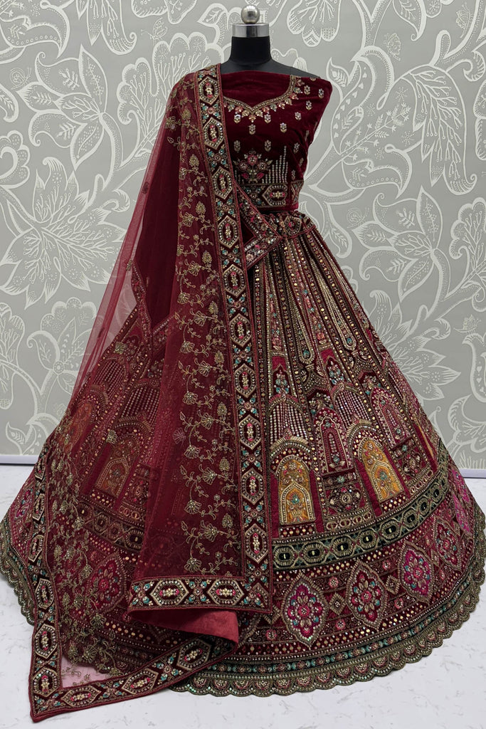Amazing Maroon Thread Work Velvet Bridal Lehenga Choli With Double Dupatta