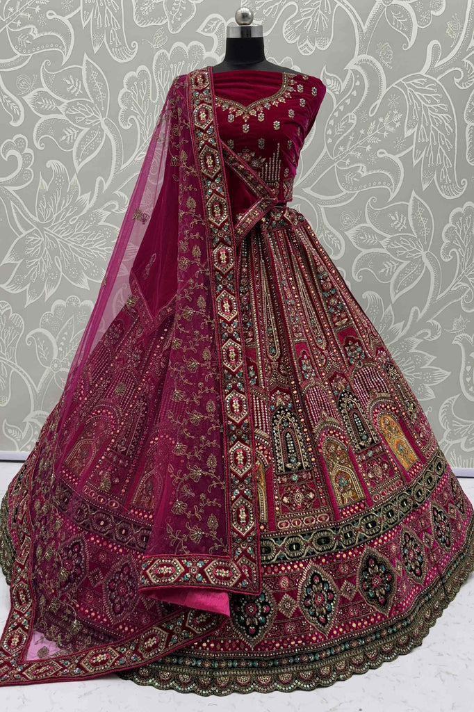 Charming Pink Dori Work Velvet Bridal Lehenga Choli With Double Dupatta
