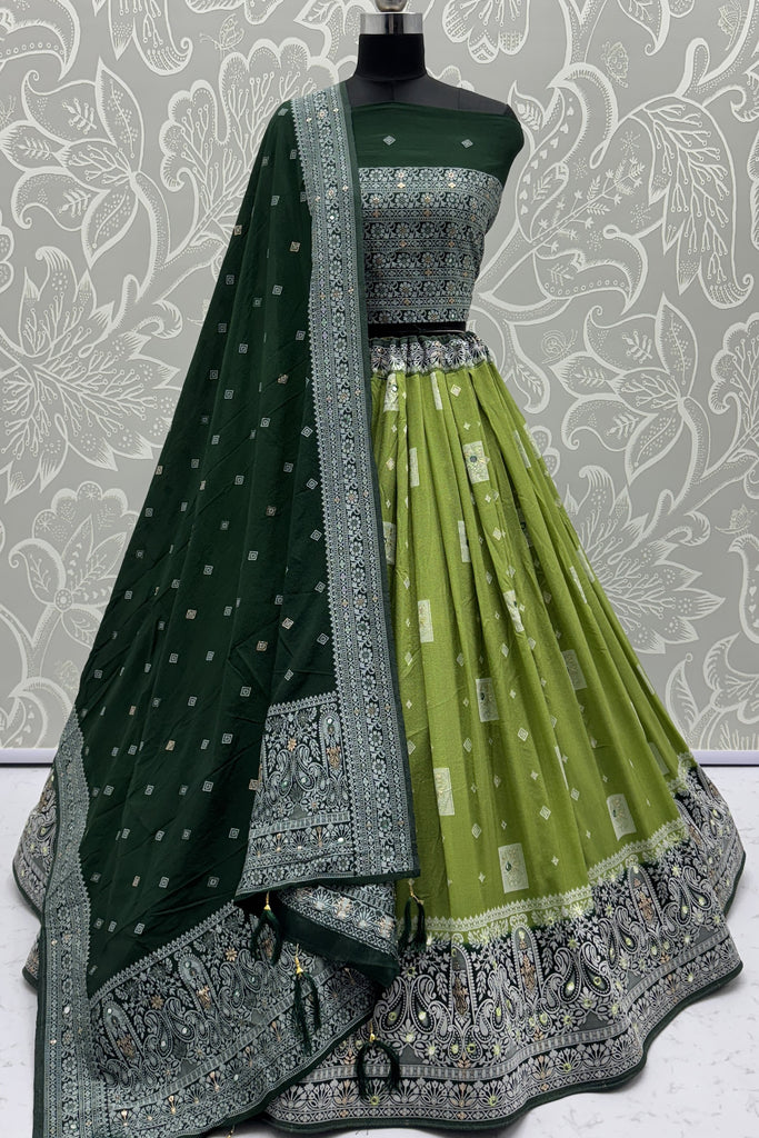 Excellent Green Zari Weaving Work Georgette Traditional Lehenga Choli With Dupatta