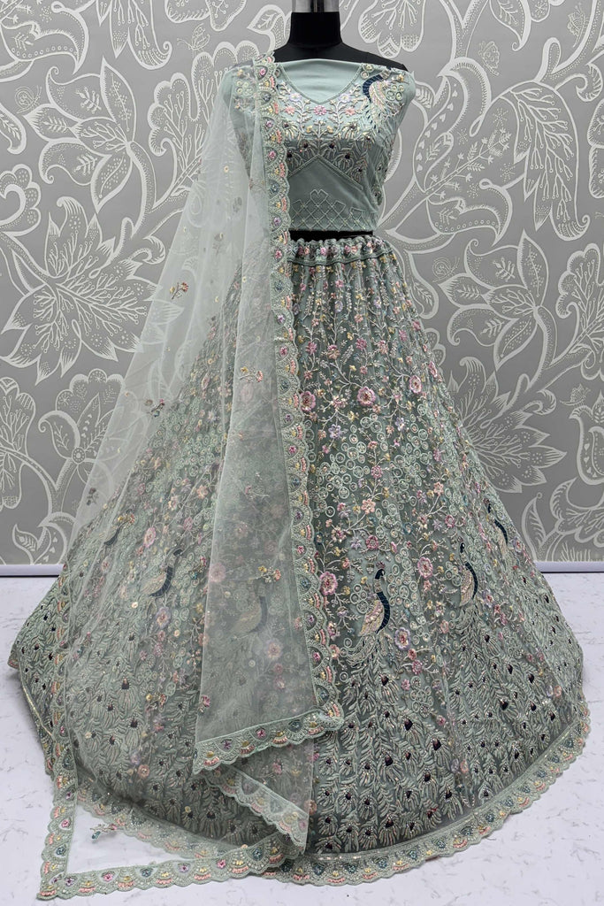 Spectacular Sky-Blue Zircon Work Net Bridesmaid Lehenga Choli