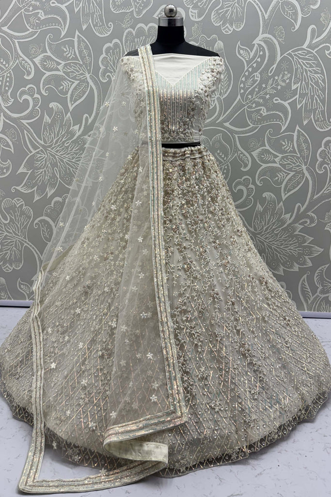 Alluring White Thread Embroidered Bridesmaid Lehenga Choli With Dupatta