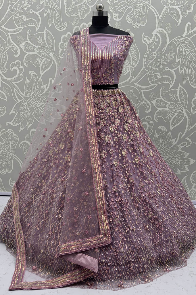 Spectacular Lavender Zircon Work Net Engagement Wear Lehenga Choli With Dupatta