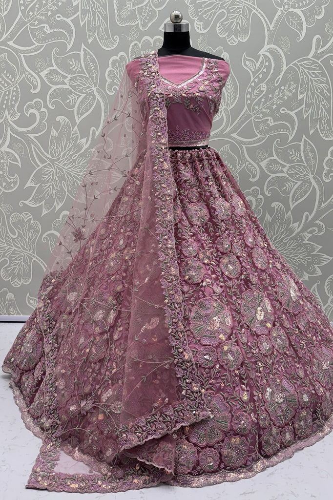 Outstanding Pink Sequins Net Bridesmaid Lehenga Choli With Dupatta