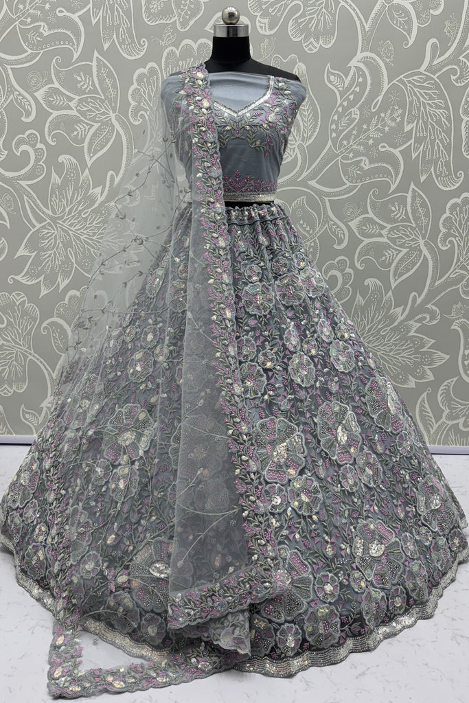 Adorable Grey Floral Embroidered Net Bridesmaid Lehenga Choli With Dupatta