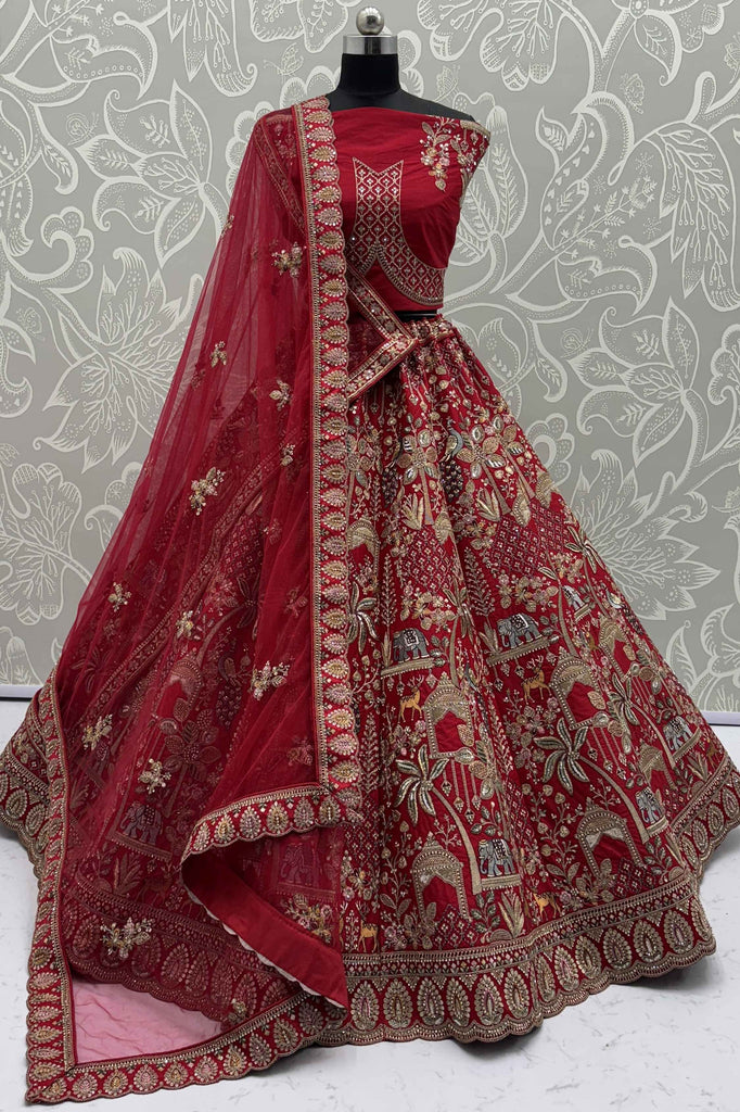 Lovely Red Dori Embroidered Silk Bridal Lehenga Choli With Double Dupatta