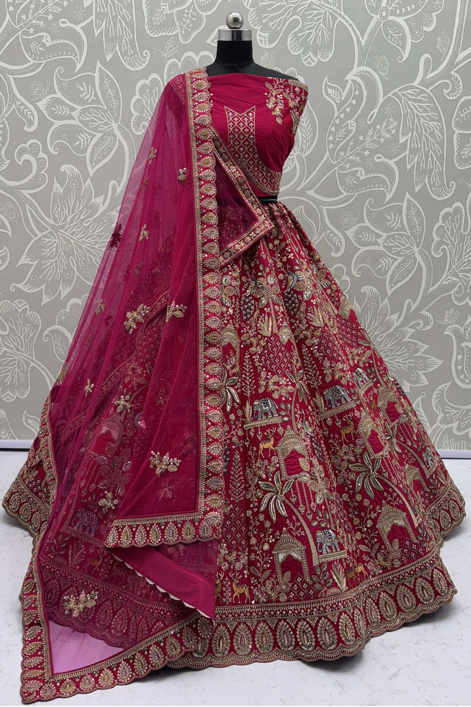 Pretty Pink Thread Work Silk Bridal Lehenga Choli With Double Dupatta
