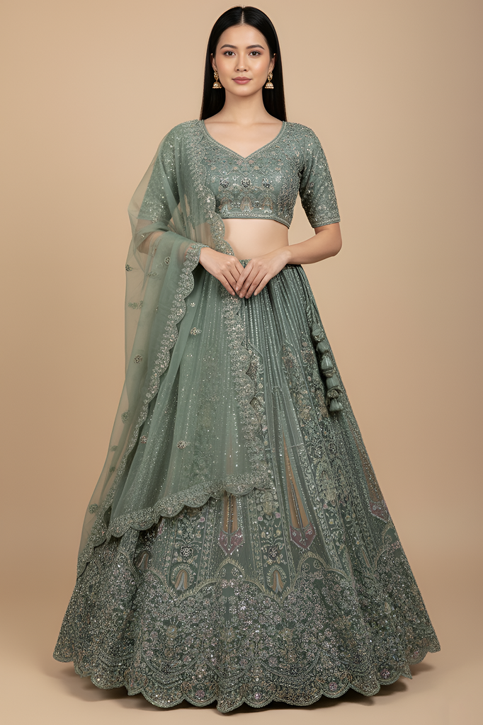 Dazzling Green Embroidered Net Bridesmaid Lehenga Choli With Dupatta