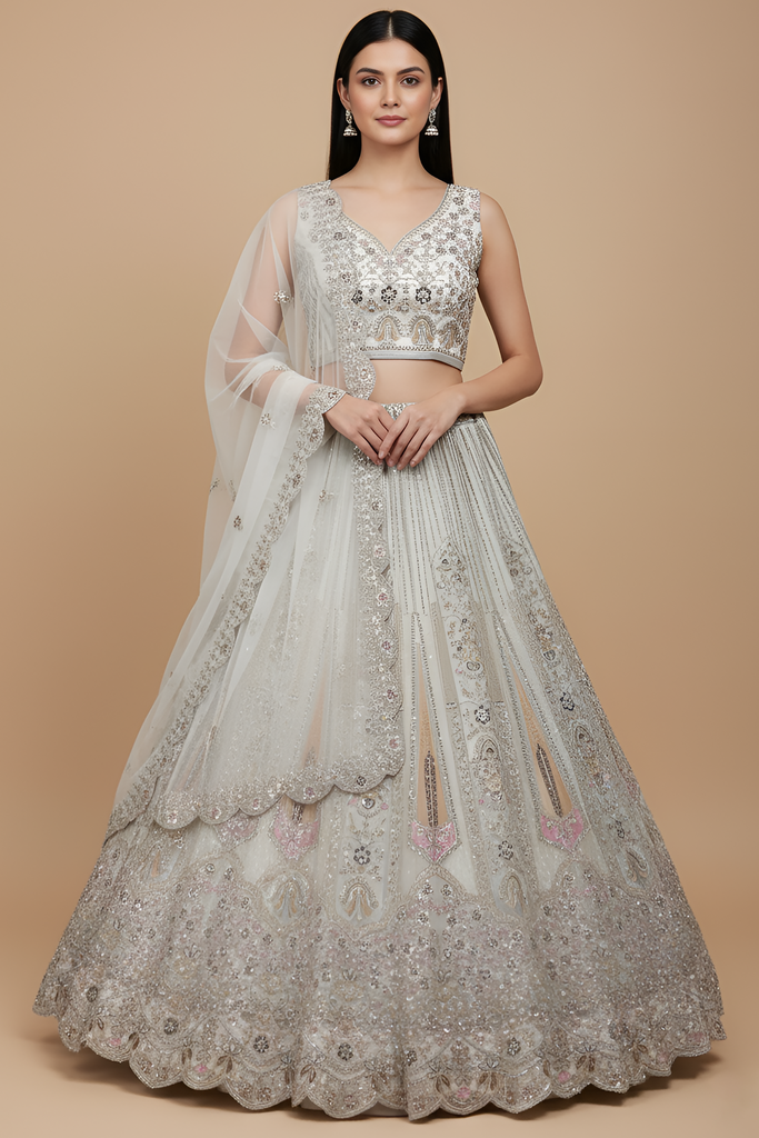 Bewitching White Sequins Net Wedding Lehenga Choli With Dupatta