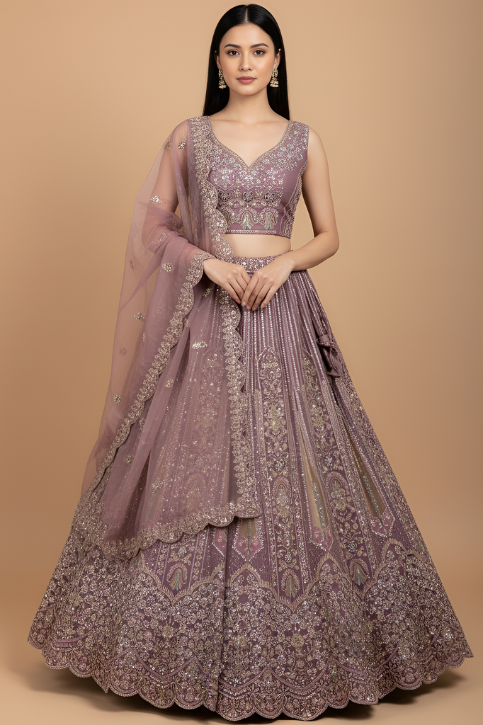 Majestic Mauve Multi-Thread Work Net Bridesmaid Lehenga Choli With Dupatta