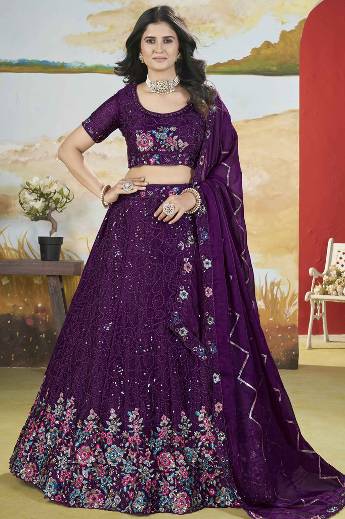 Alluring Purple Sequins Chinon Wedding Lehenga Choli With Dupatta