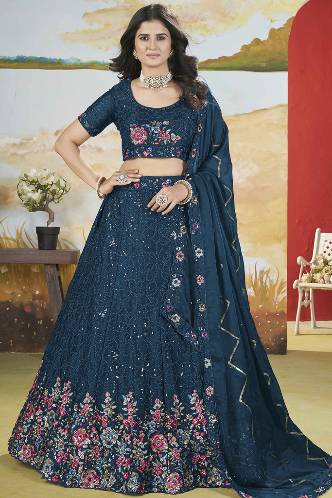 Ravishing Teal Blue Sequins Chinon Wedding Wear Lehenga Choli