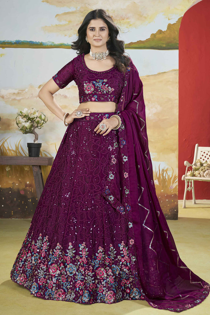 Striking Wine Color Thread Work Chinon Engagement Wear Lehenga Choli