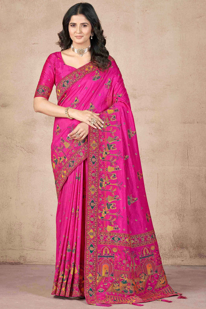 Attractive Rani Pink Zari Weaving Pashmina Silk Festival Wear Saree