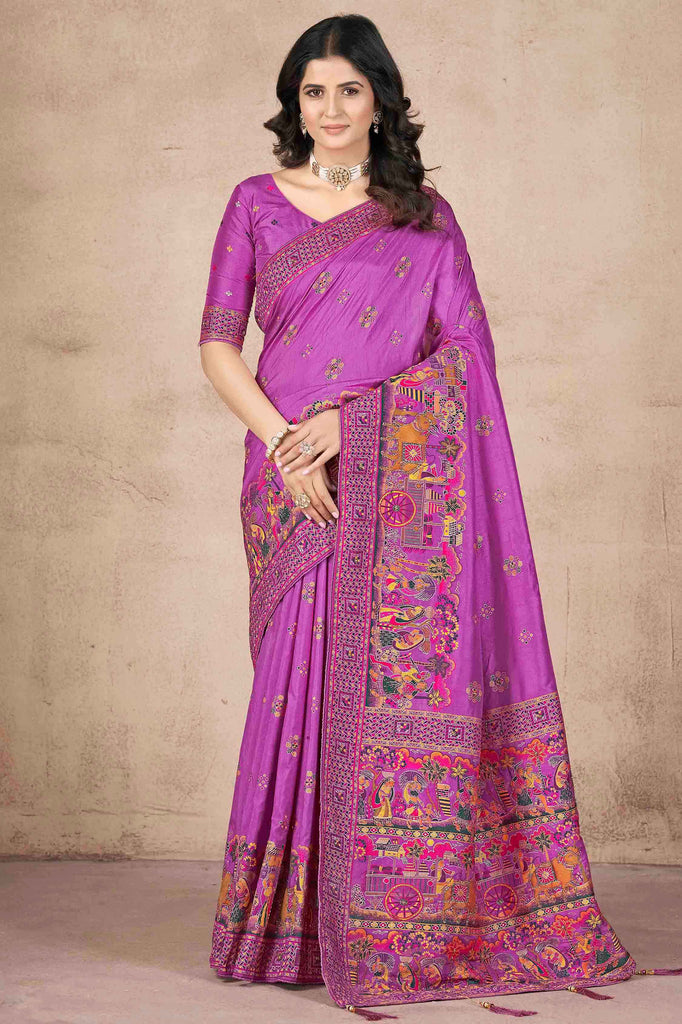 Gorgeous Purple Thread Work Pashmina Silk Wedding Wear Saree