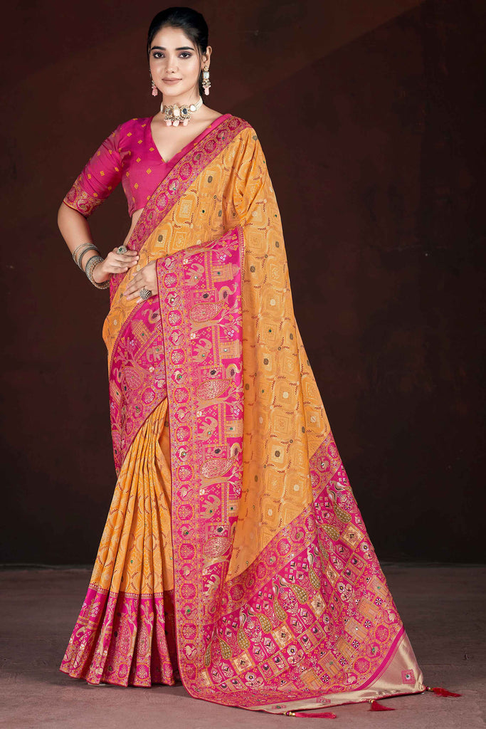 Lovely Orange Zari Weaving Banarasi Silk Event Wear Saree With Blouse