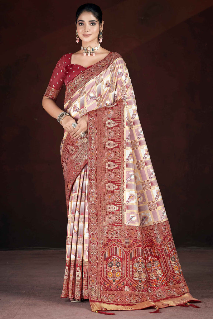 Adorable Maroon Hand Work Motif Banarasi Silk Wedding Wear Saree