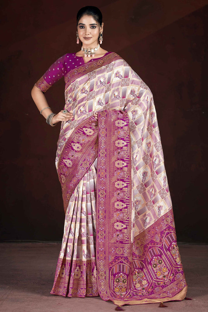 Lovable Purple Hand Work Motif Banarasi Silk Function Wear Saree