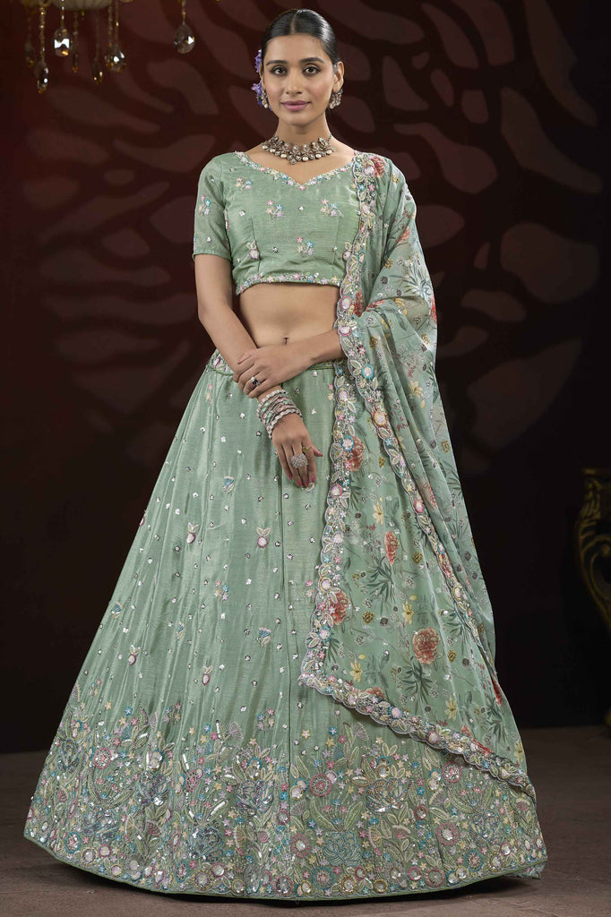 Gorgeous Green Sequins Net Wedding Wear Lehenga Choli With Dupatta