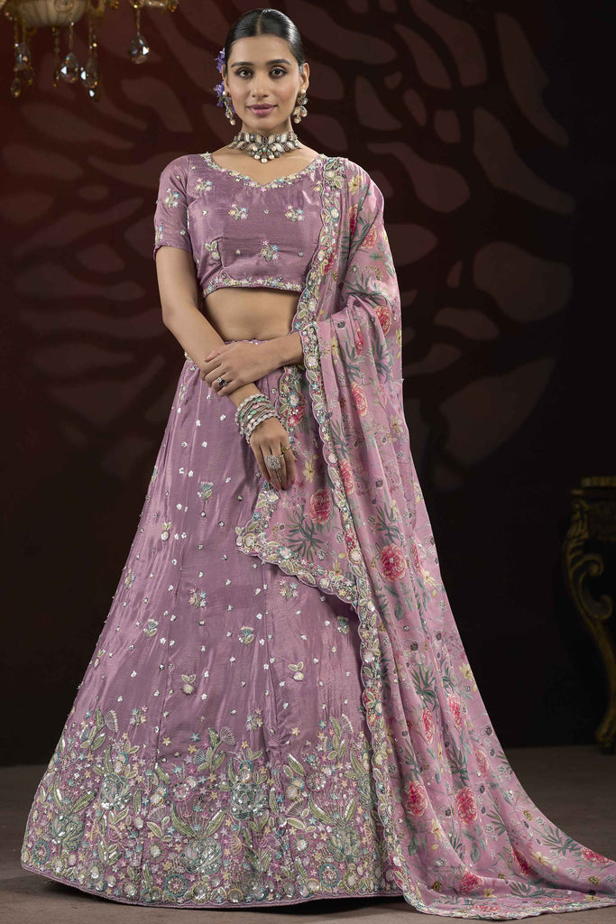 Surprising Purple Thread Work Net Bridesmaid Lehenga Choli 