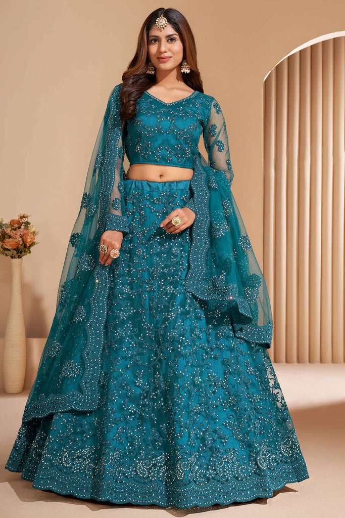 Attractive Teal Blue Stone Work Net Reception Wear Lehenga Choli