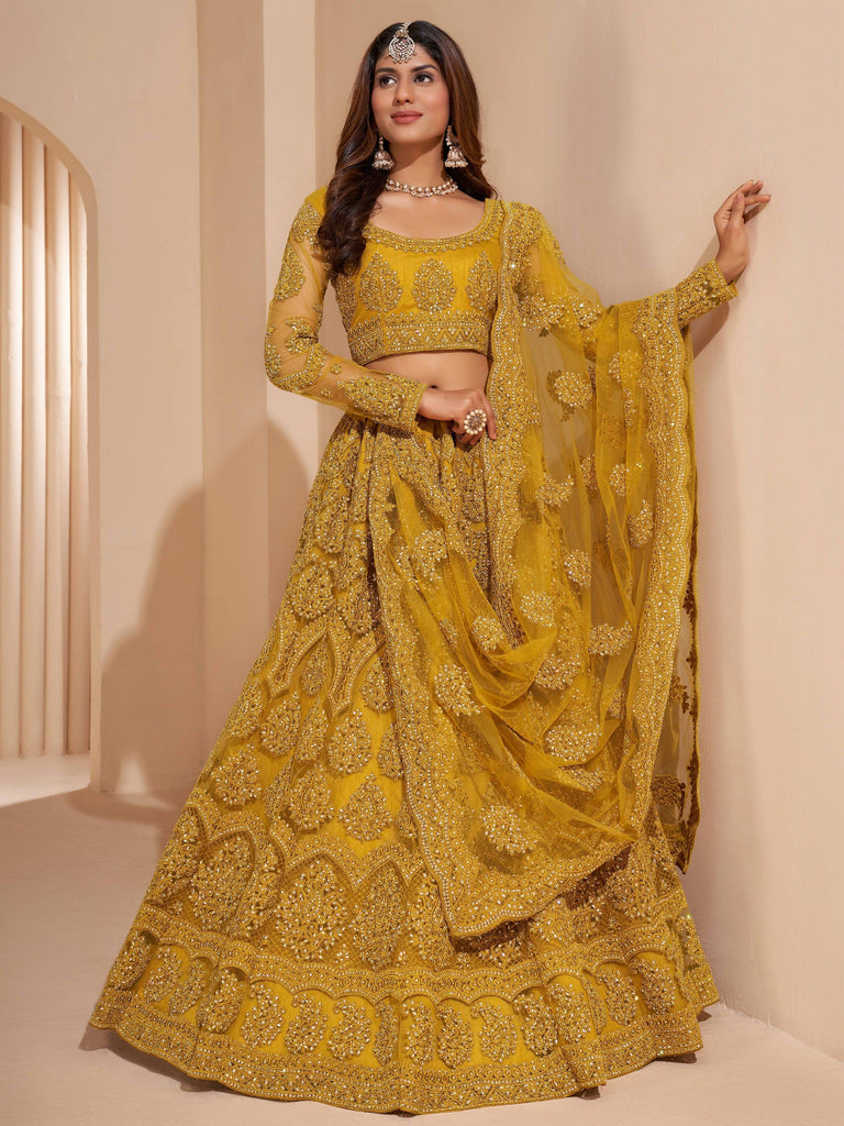 Charming Yellow Thread Work Net Wedding Lehenga Choli With Dupatta