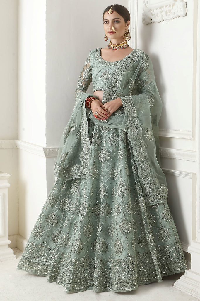 Precious Sage Green Thread Work Net Engagement Wear Lehenga Choli