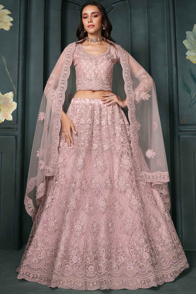 Charming Baby Pink Embroidered Net Bridal Lehenga Choli With Dupatta