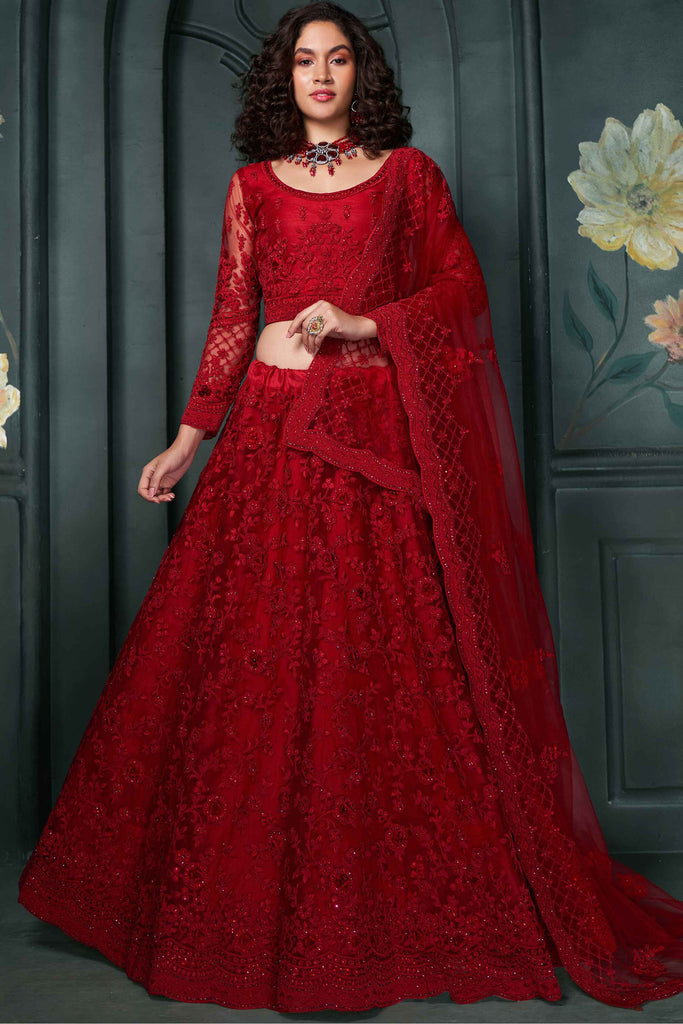 Lovable Red Embroidered Net Bridesmaid Lehenga Choli With Dupatta