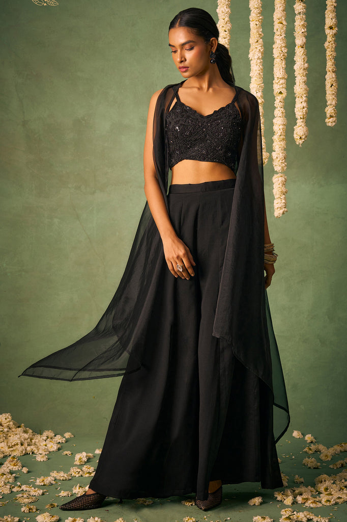 Incredible Black Chinon Party Wear Crop Top Palazzo With Shrug