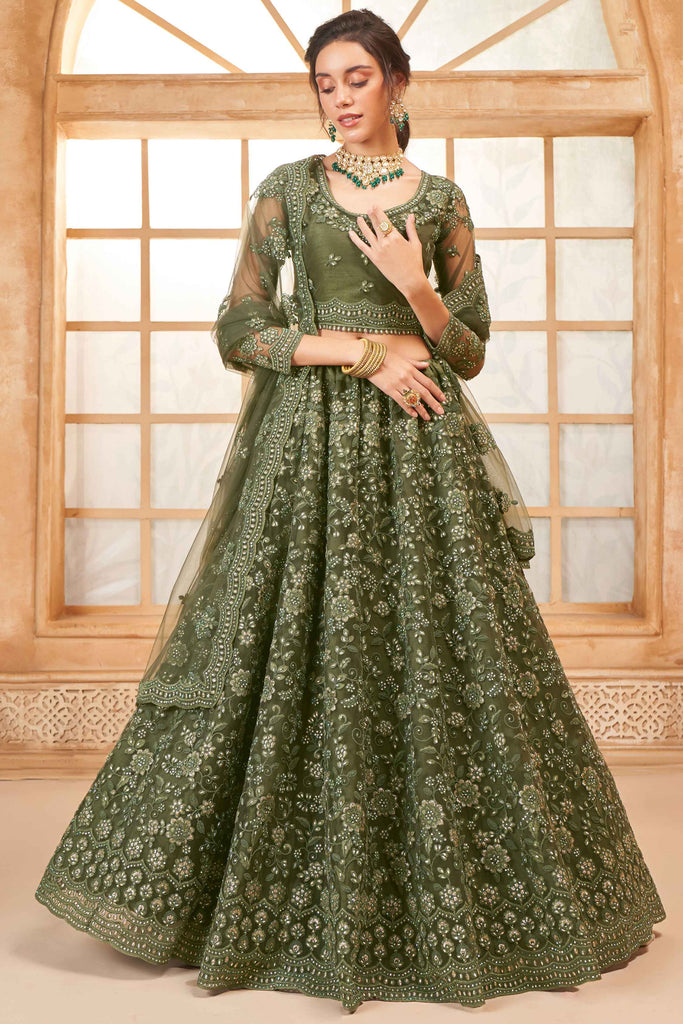 Awesome Olive Green Stone Work Net Mehendi Wear Lehenga Choli