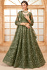 Awesome Olive Green Stone Work Net Mehendi Wear Lehenga Choli