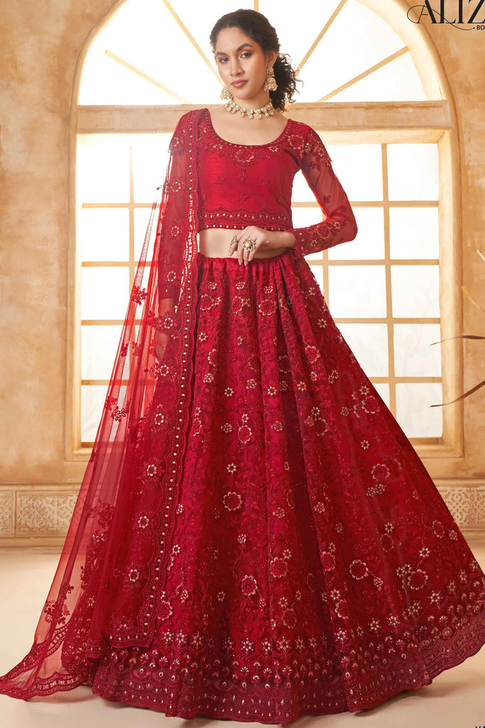 Captivating Red Embroidery Work Net Reception Wear Lehenga Choli