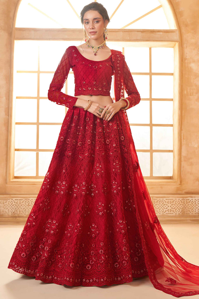 Dazzling Red Embroidery Work Net Engagement Wear Lehenga Choli