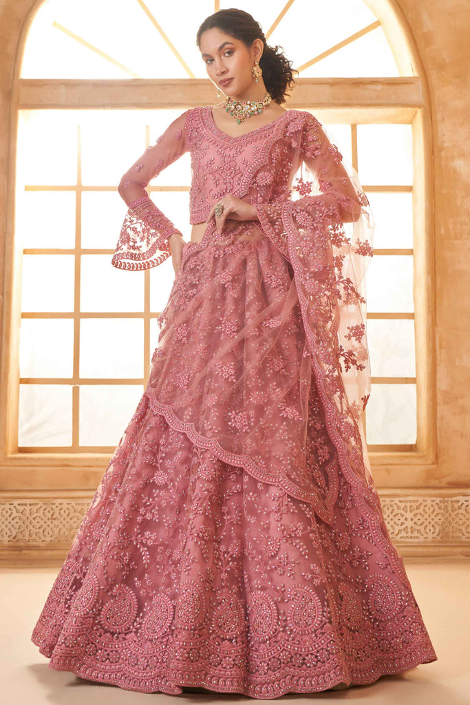 Breathtaking Dusty Pink Thread Work Net Wedding Wear Lehenga Choli