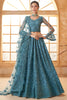 Spectacular Teal Blue Stone Work Net Engagement Wear Lehenga Choli