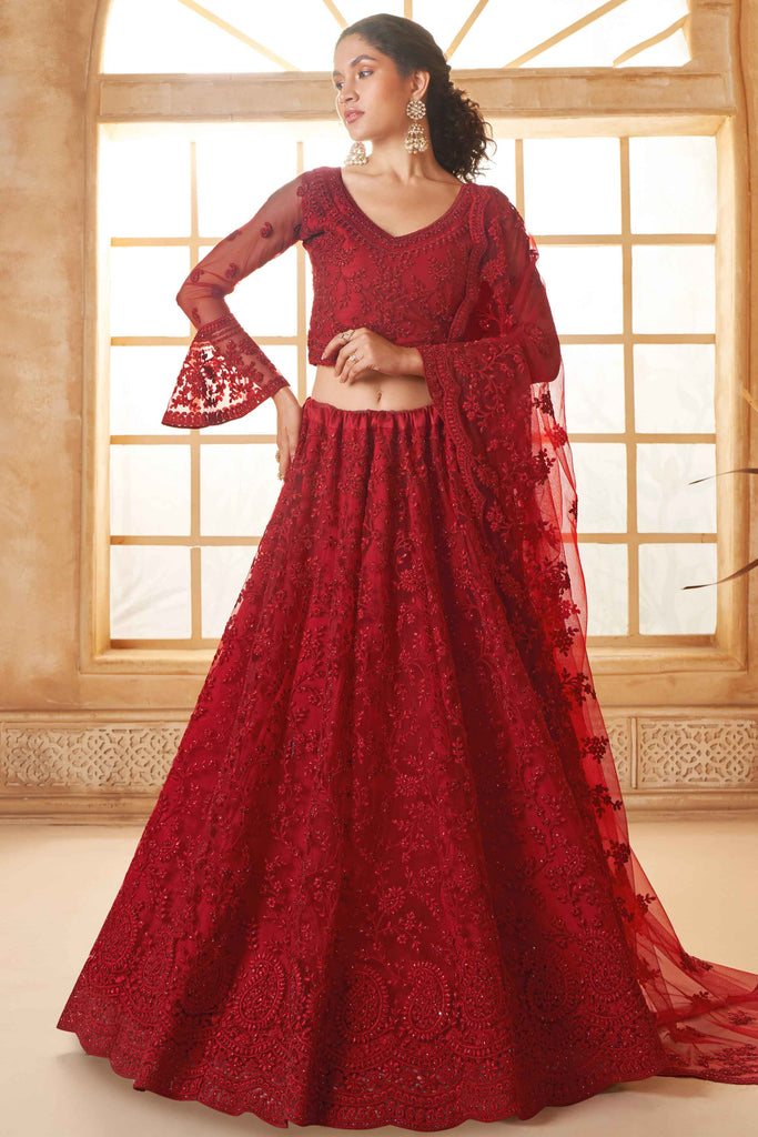 Impressive Red Thread Embroidery Work Net Event Wear Lehenga Choli