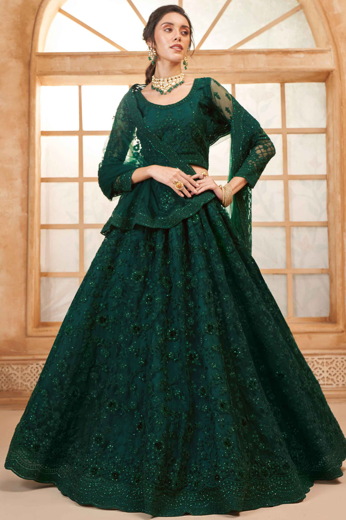 Mesmerizing Green Embroidery Work Net Function Wear Lehenga Choli