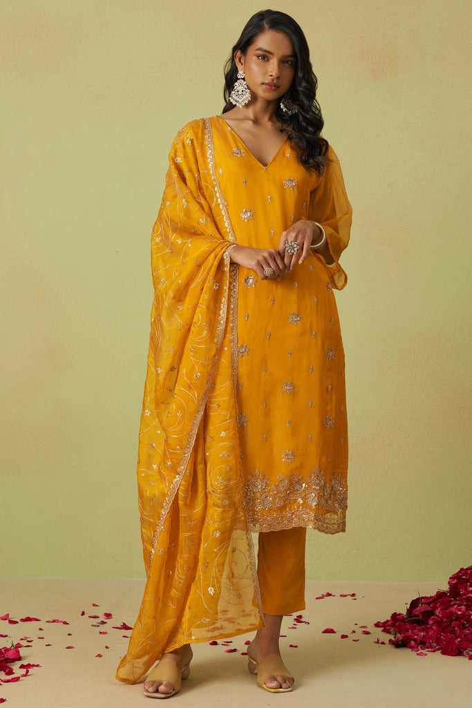 Fascinating Yellow Sequins Organza Haldi Wear Pant Suit With Dupatta