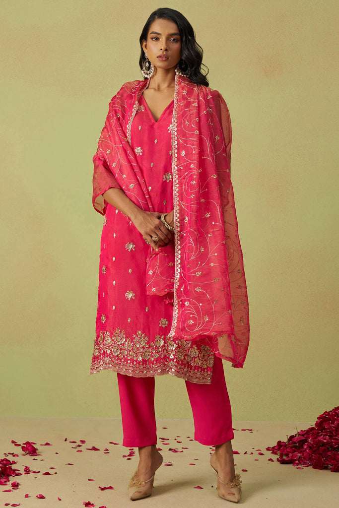 Ravishing Pink Sequins Organza Traditional Pant Suit With Dupatta