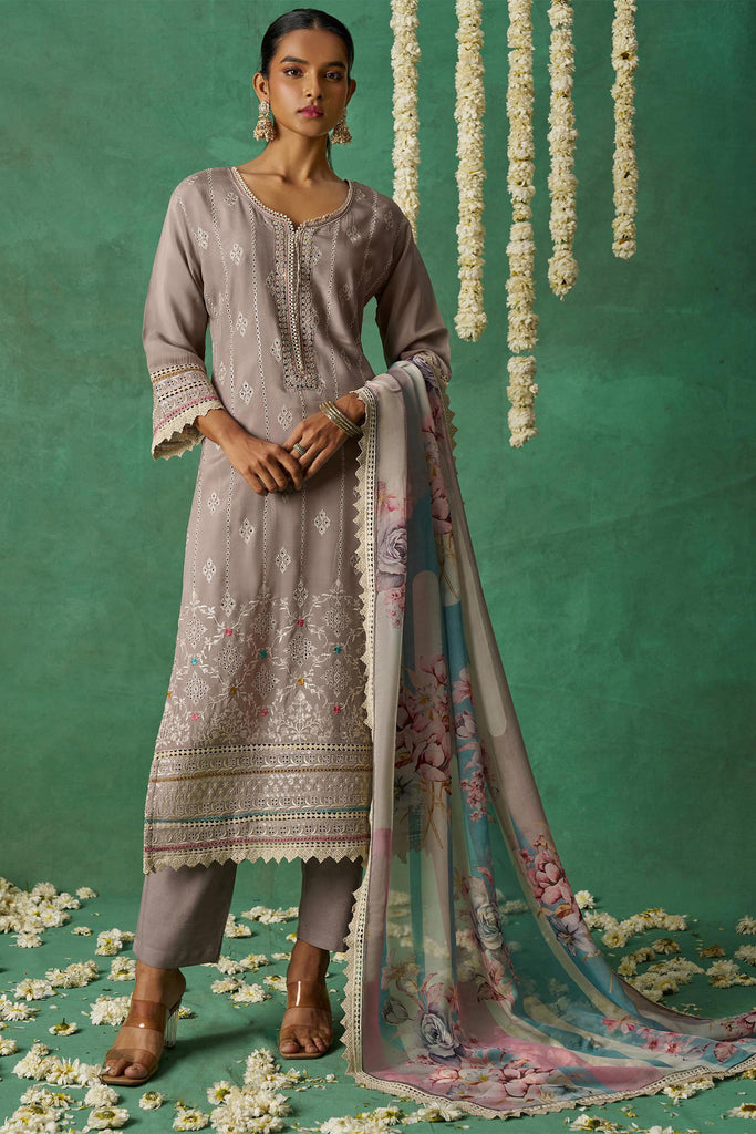 Precious Grey Thread Embroidered Organza Salwar Kameez With Dupatta