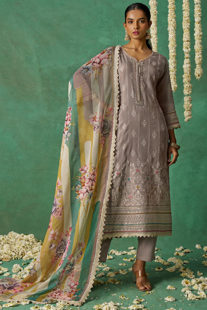 Attractive Grey Thread Work Organza Event Wear Salwar Kameez With Dupatta